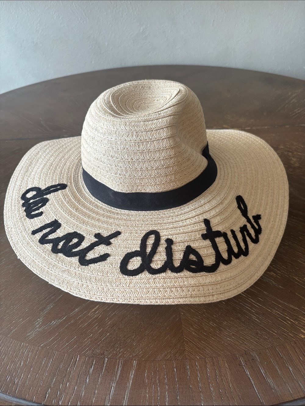 "Do Not Disturb" bold black Embroidered lettering beige paper straw brim sun hat